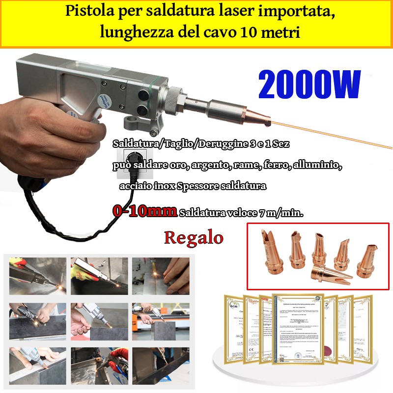 Pistola laser multifunzione da 2000 W (oro/argento/rame/ferro/alluminio/acciaio inossidabile) spessore di saldatura 0-10 mm (saldatura/taglio due in uno)