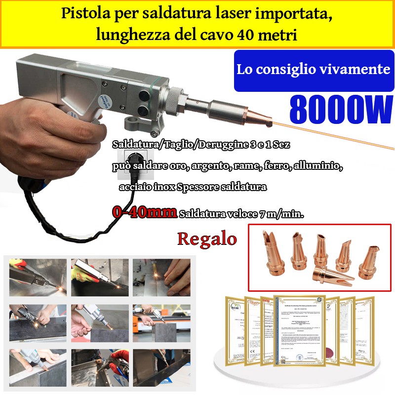 Pistola laser multifunzione da 8000 W (saldatura di oro/argento/rame/ferro/alluminio/acciaio inossidabile) spessore di saldatura 0-40 mm (saldatura/taglio/rimozione pietra 3 in 1)